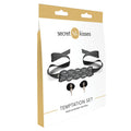 Secret Kisses temptation set packaging with black lace choker, blindfold, and earrings on a white background.