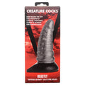 Package of 'Beastly' tapered bumpy silicone dildo with red and black design