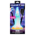 Package of a unicorn-themed silicone dildo with glowing action and remote control included, featuring a colorful design on a white background.