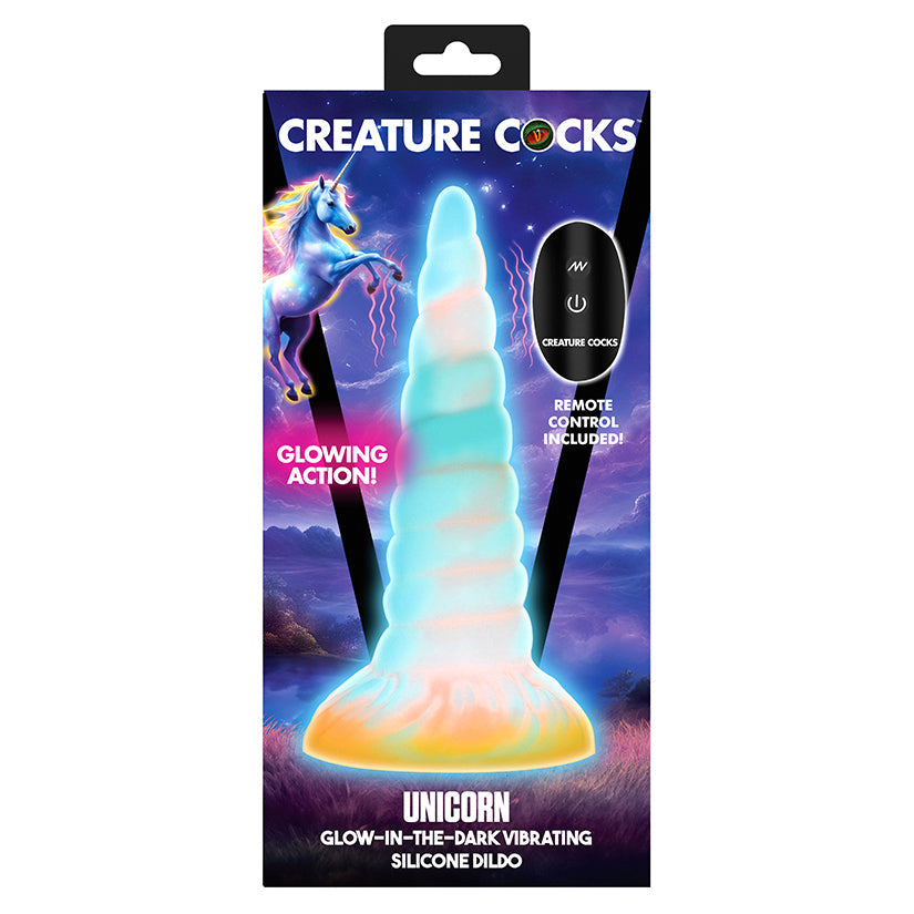 Package of a unicorn-themed silicone dildo with glowing action and remote control included, featuring a colorful design on a white background.