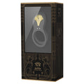 Decorative box with a gold emblem and black design on a white background