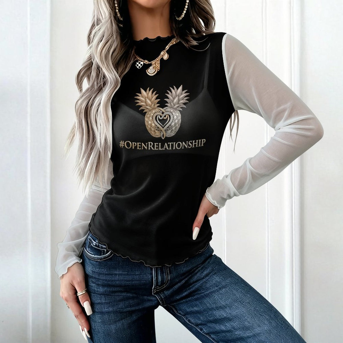#OPENRELATIONSHIP High Neck Mesh Top For Women