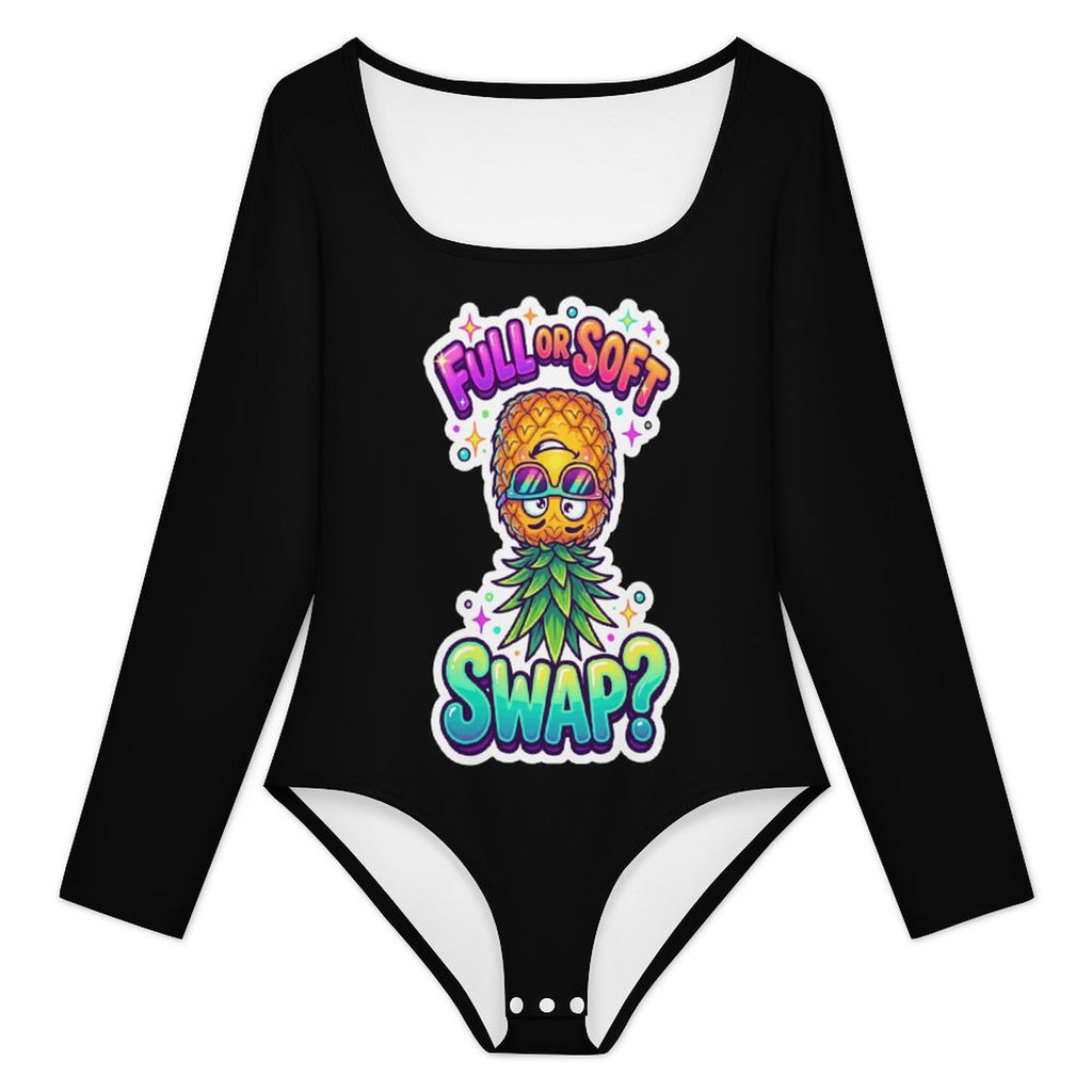 A black long-sleeve bodysuit with a scoop neck, featuring a colorful graphic of a pineapple wearing sunglasses with the text 'FULL OR SOFT SWAP?' on the front, displayed on a solid white background.