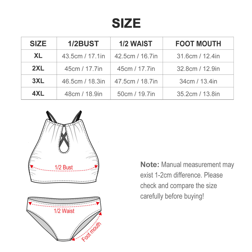 Plus Size Women's Two piece Swimsuit with High Neck Halter Top(All-Over Printing)