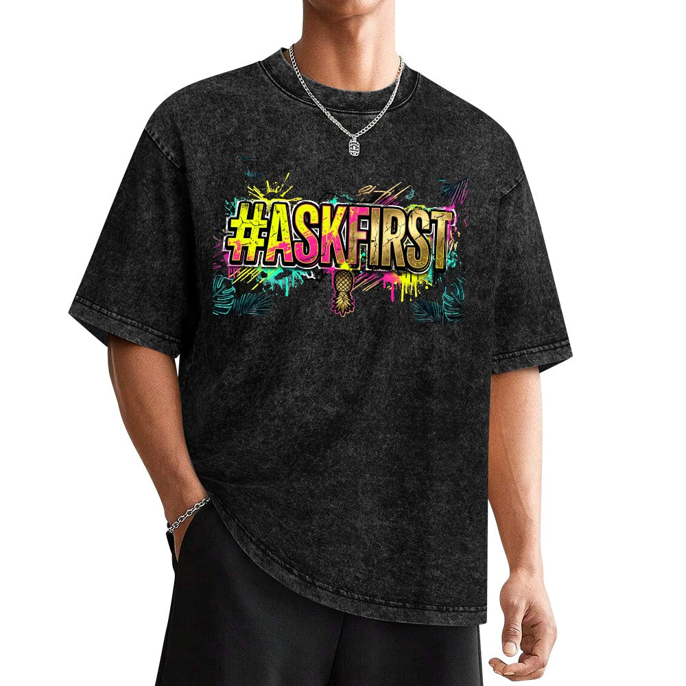 #ASKFIRST Vintage Wash Off Shoulder T-Shirt – Soft Cotton Short Sleeve Summer Top, Casual Chic Loose Fit Tee
