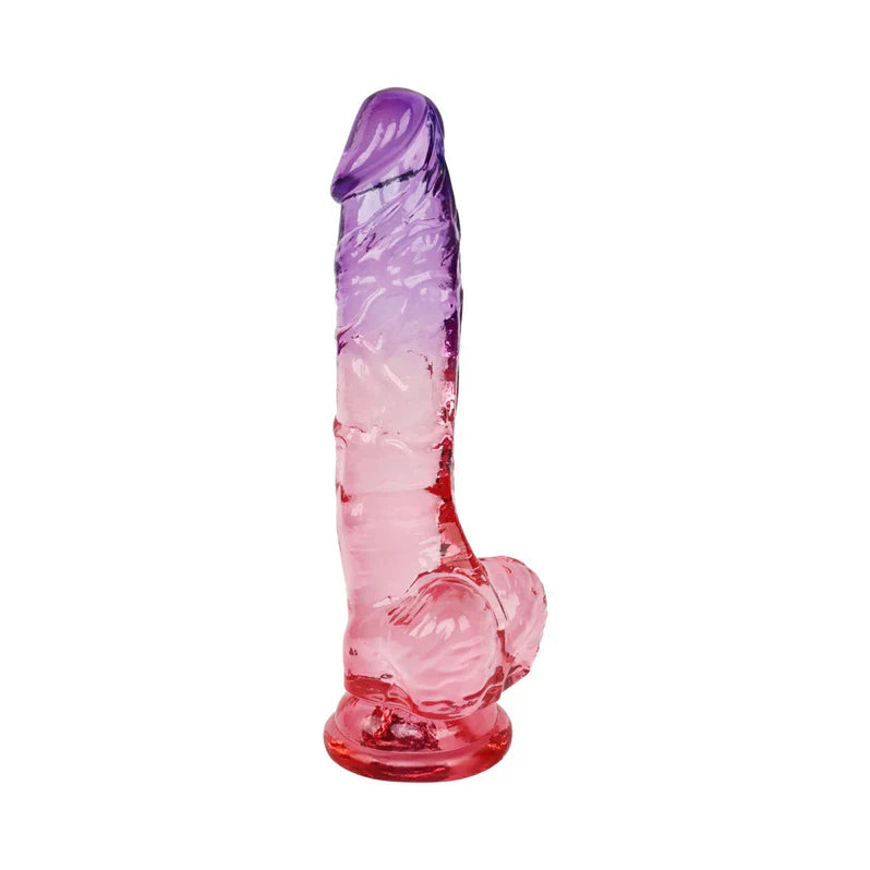 Pink and purple glass pipe on a white background