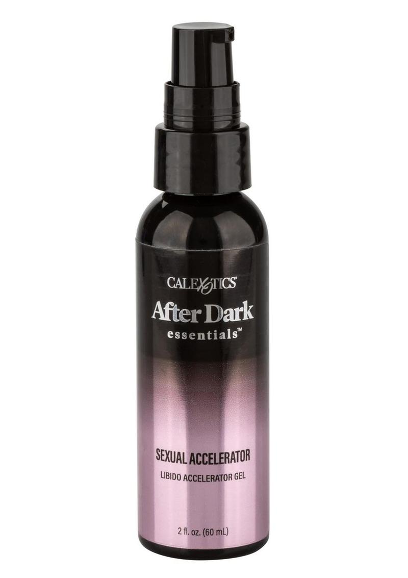 Bottle of 'After Dark essentials' sexual accelerator gel with gradient label on a white background