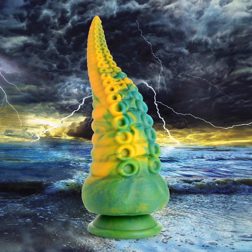 Colorful, futuristic object resembling a creature's horn against a dramatic sky with lightning over water.