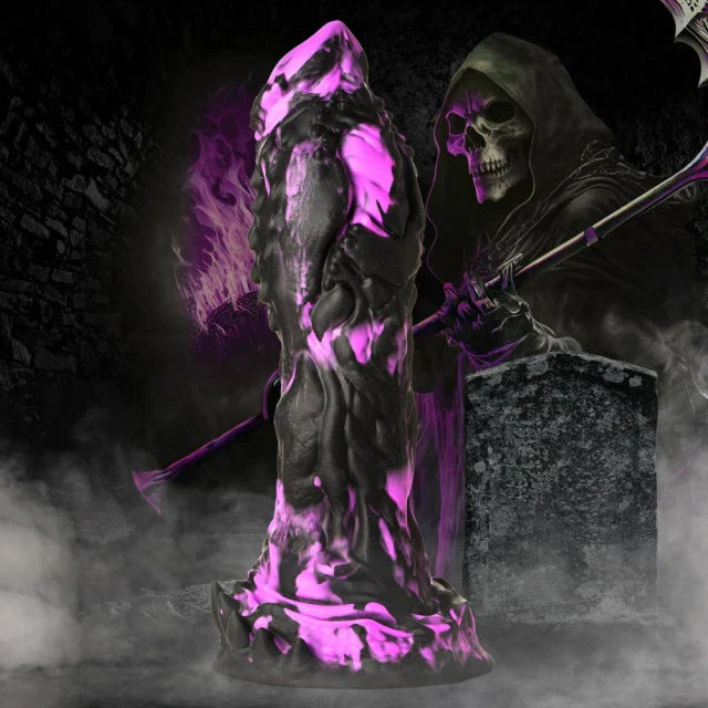 Grim Reaper figure with purple accents on a dark background