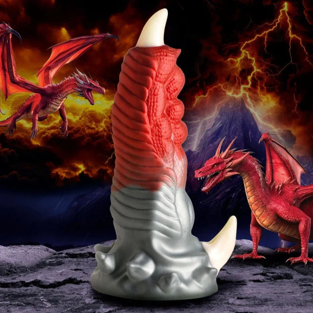 Decorative item resembling a dragon's tooth with dragons in the background