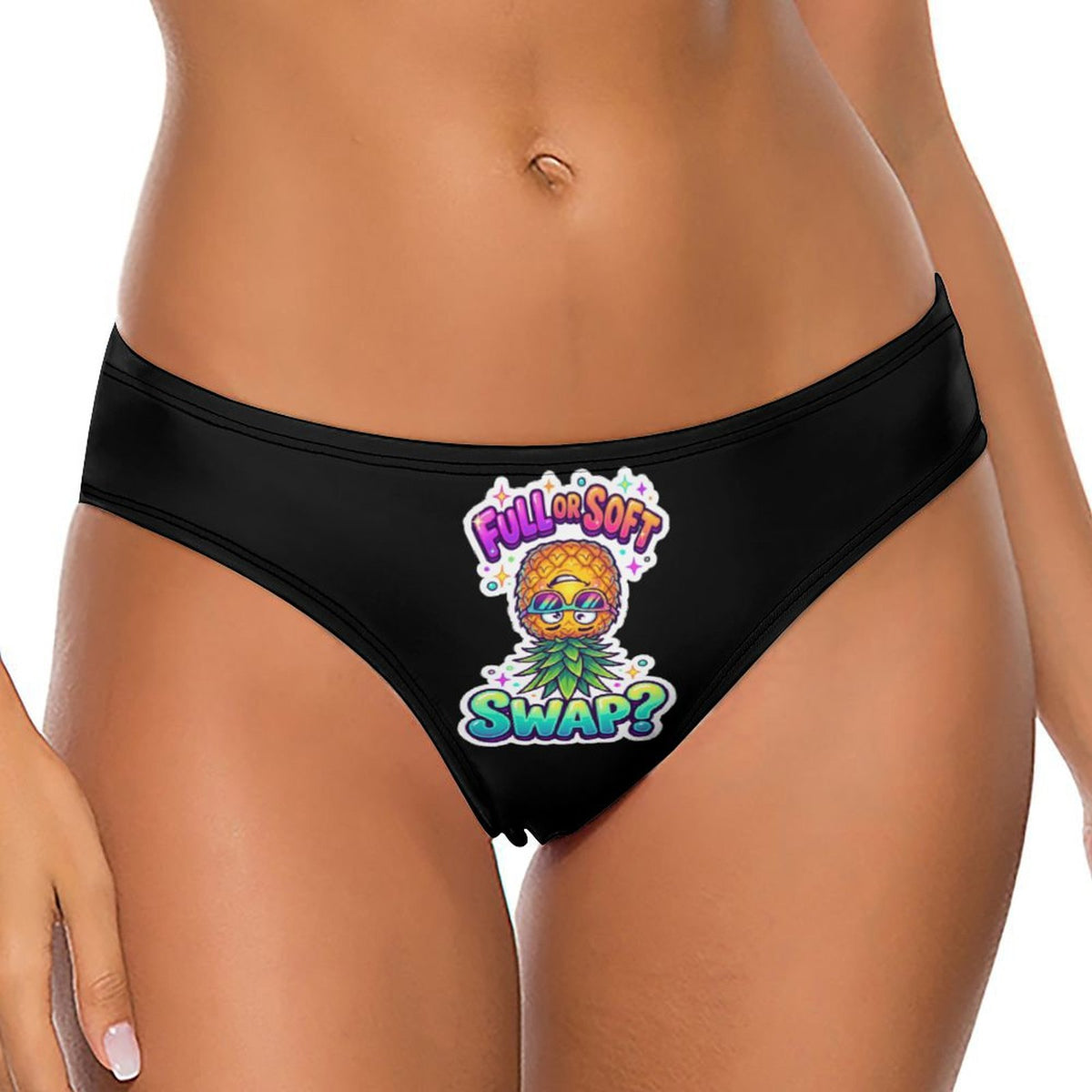 Black bikini bottom with a colorful cartoon graphic and the text 'FULL OR SOFT SWAP?' on the front, shown on a model against a white background.