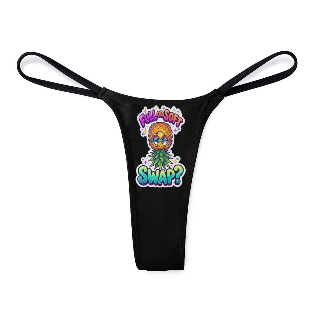 Black thong underwear with a colorful graphic on the front featuring a cartoon pineapple character and the text 'PULL TO OPEN' and 'SWAP?' on a white background.