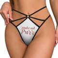 Women's thong with a saying that says "Make Me Purr"
