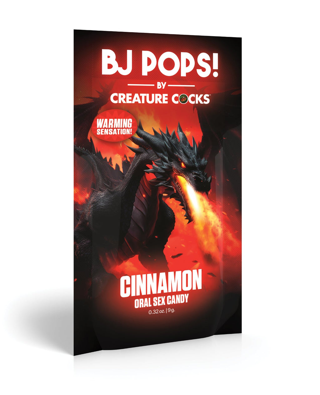 Packaging of BJ Pops! by Creature Cocks cinnamon oral sex candy with a dragon design on a red background.