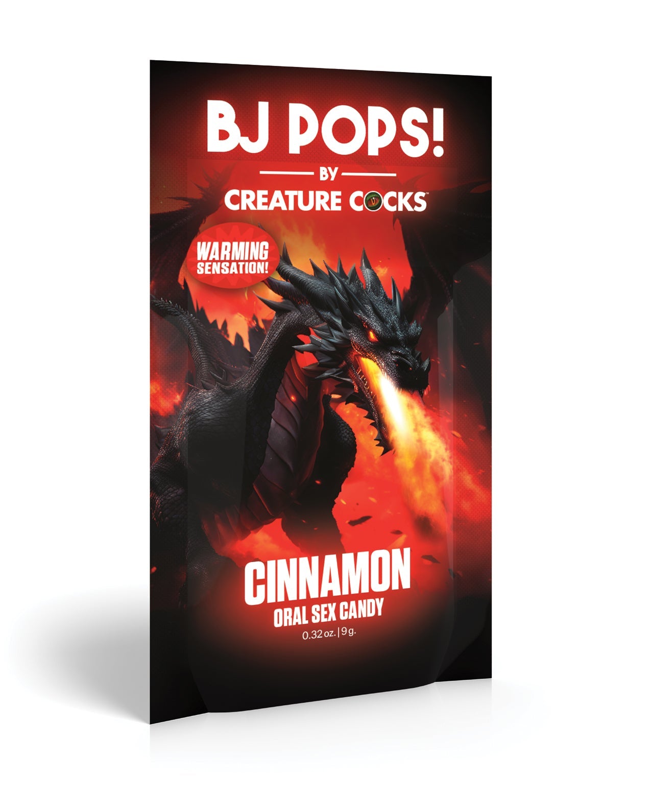 Packaging of BJ Pops! by Creature Cocks cinnamon oral sex candy with a dragon design on a red background.