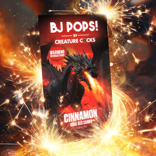BJ DOPS! by Creature Cocks cinnamon oral sex candy packaging with fiery background