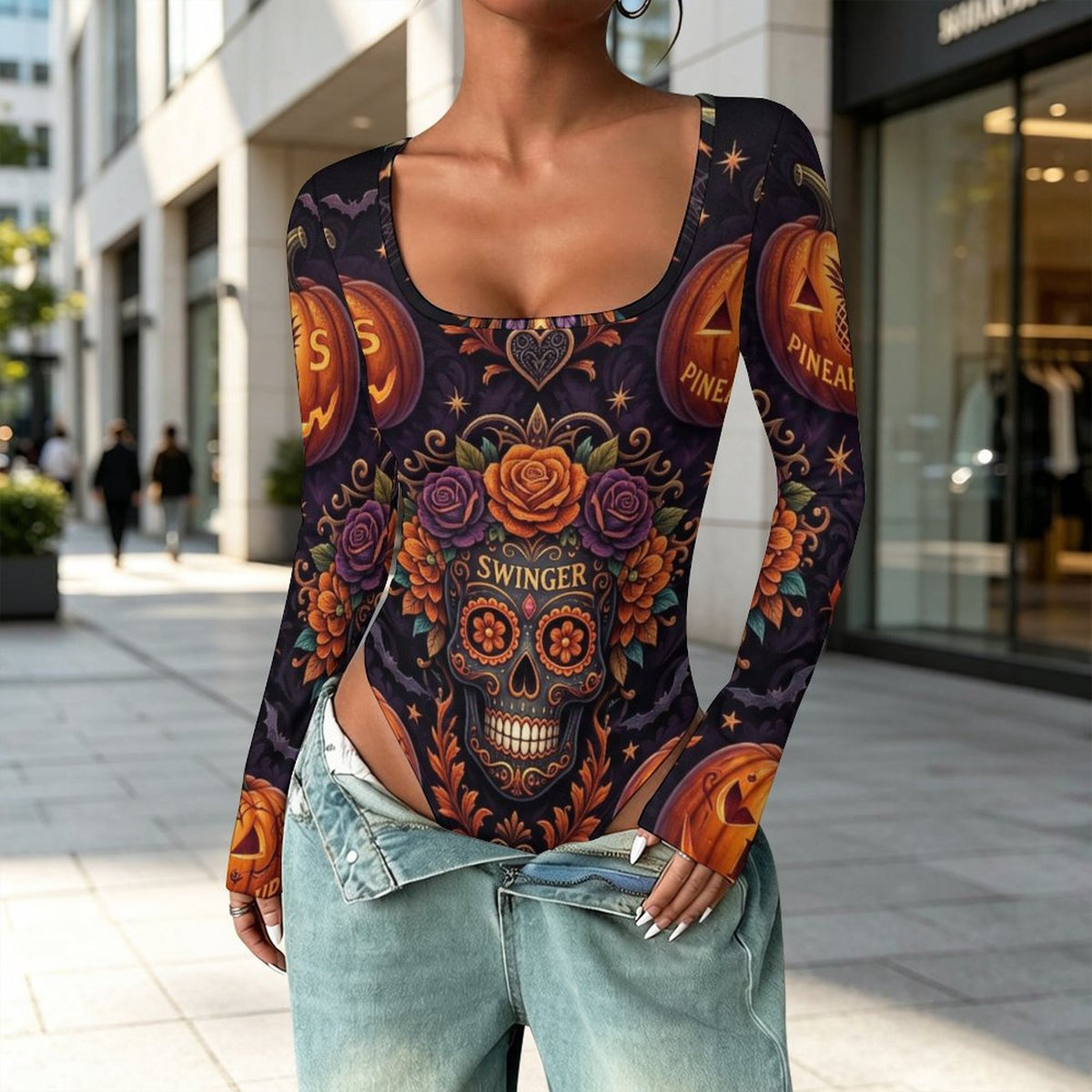Swinger Halloween Square Neck Long Sleeve Bodysuit Jumpsuit for Women