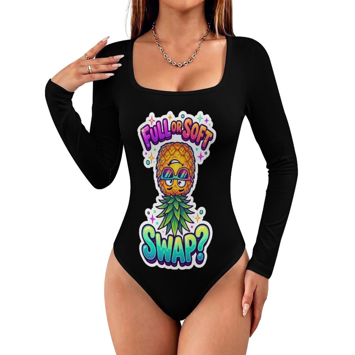 A woman modeling a black long-sleeve bodysuit with a colorful pineapple graphic and the text 'FULL OR SOFT SWAP?' on a plain white background.