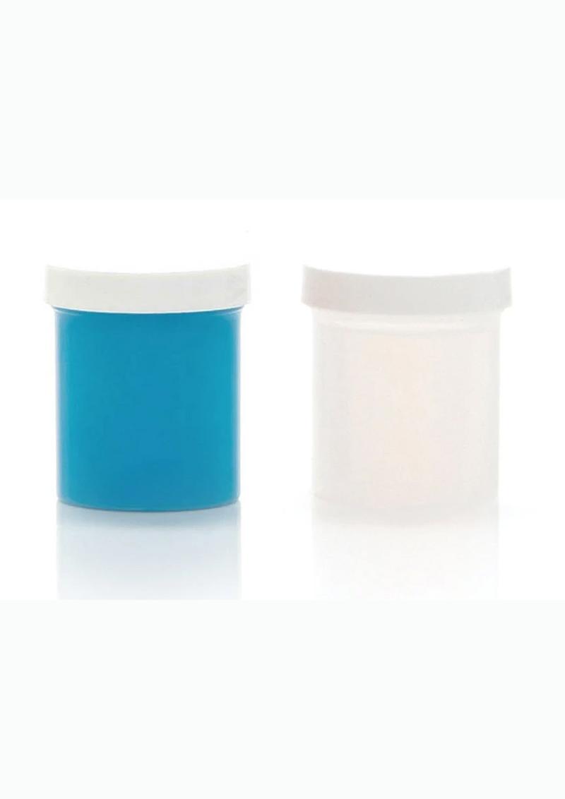 Two cylindrical containers, one blue and one white, on a white background