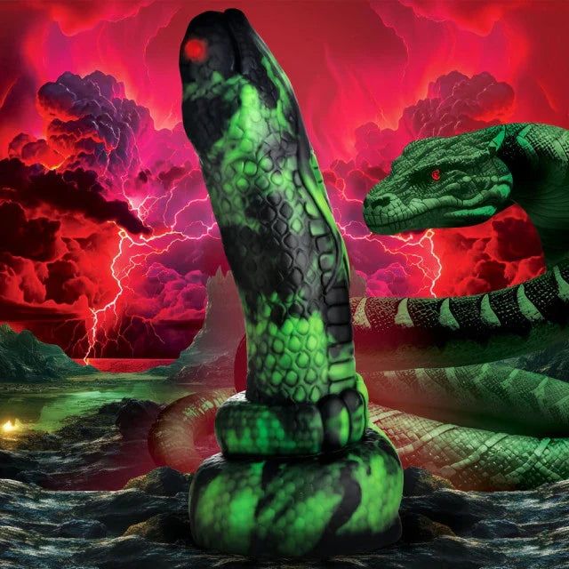 Green snake-like creature with a fiery background