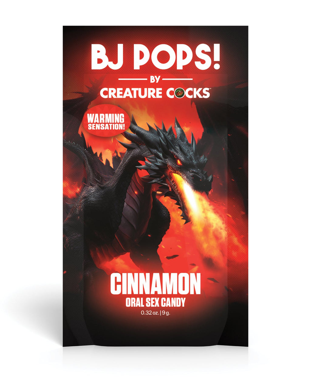 Packaging of BJ Pops! by Creature Cocks cinnamon oral sex candy with a dragon design.