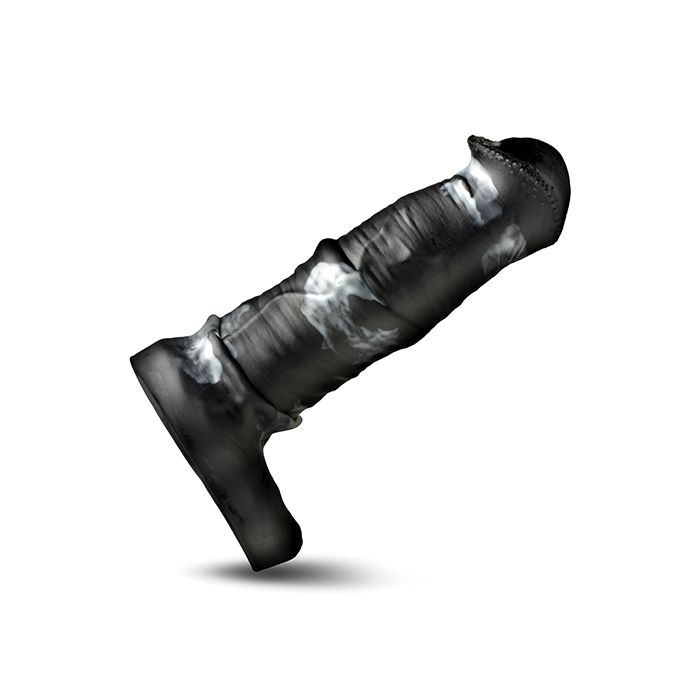 Black and gray textured object on a white background