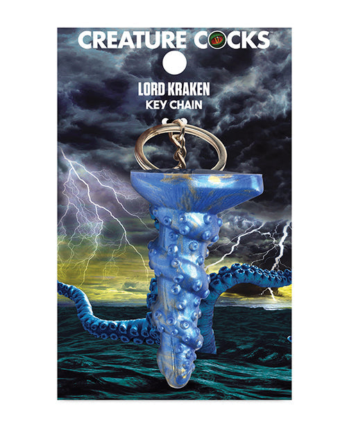 Keychain with octopus design in packaging featuring stormy sky and lightning.