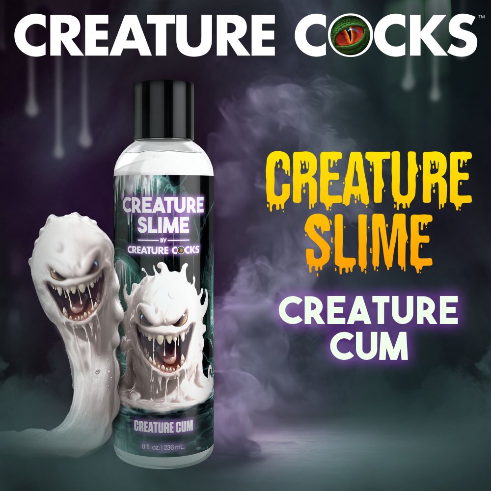 Bottle of 'Creature Slime' with creature-themed packaging and text on a dark background.