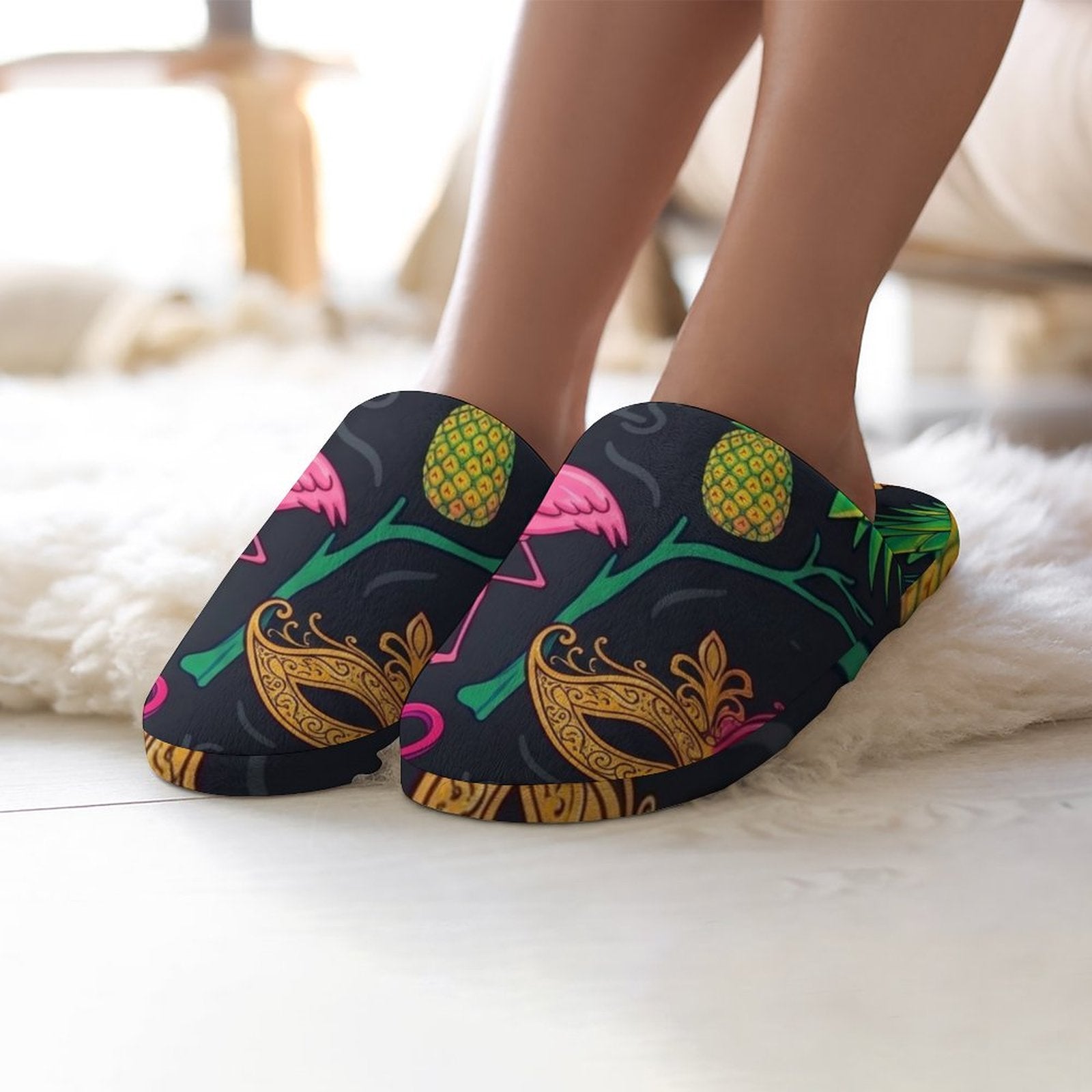 Man wearing swinger lifestyle slippers with flamingos, pineapples and colorful mask.