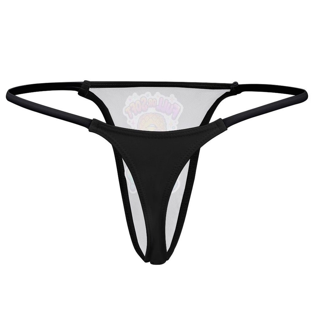 Black thong underwear with a sheer white mesh panel and a pink and white graphic print on the front, shown against a plain white background.