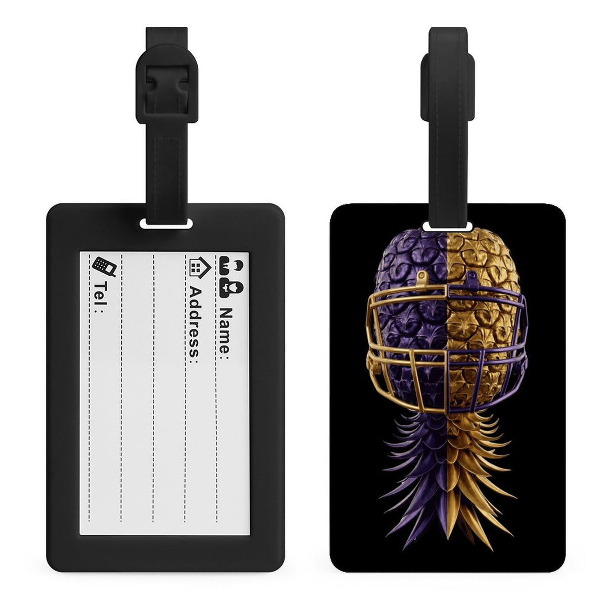 Football Inspired Purple & Gold Luggage Tag with Black Hanging Loop