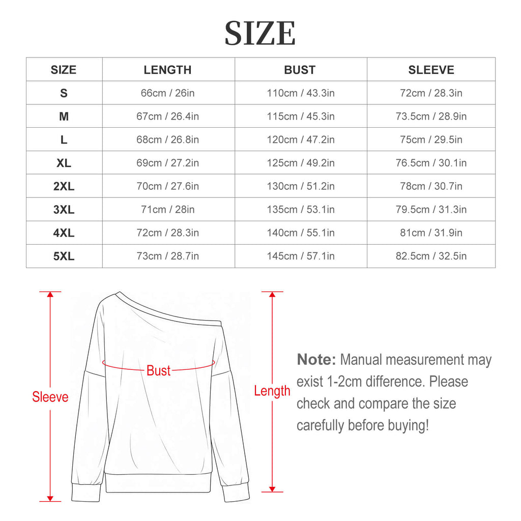 Size chart and measurement guide for a women's one-shoulder sweatshirt, showing a size table from S to 5XL with length, bust, and sleeve measurements, plus a simple line drawing of the sweatshirt with red arrows marking sleeve, bust, and length.