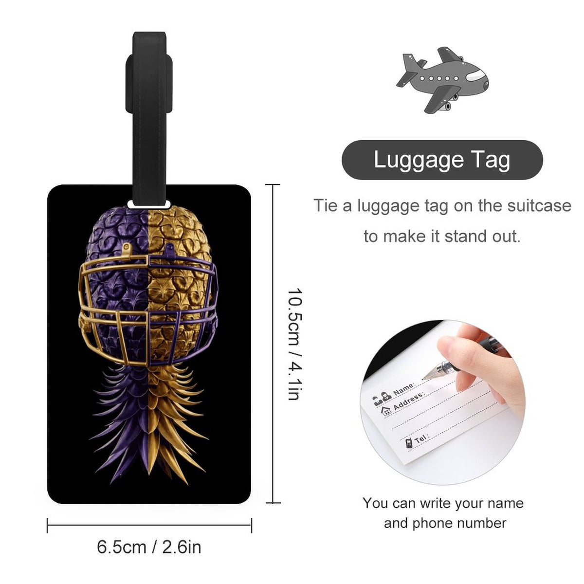 Football Inspired Purple & Gold Luggage Tag with Black Hanging Loop