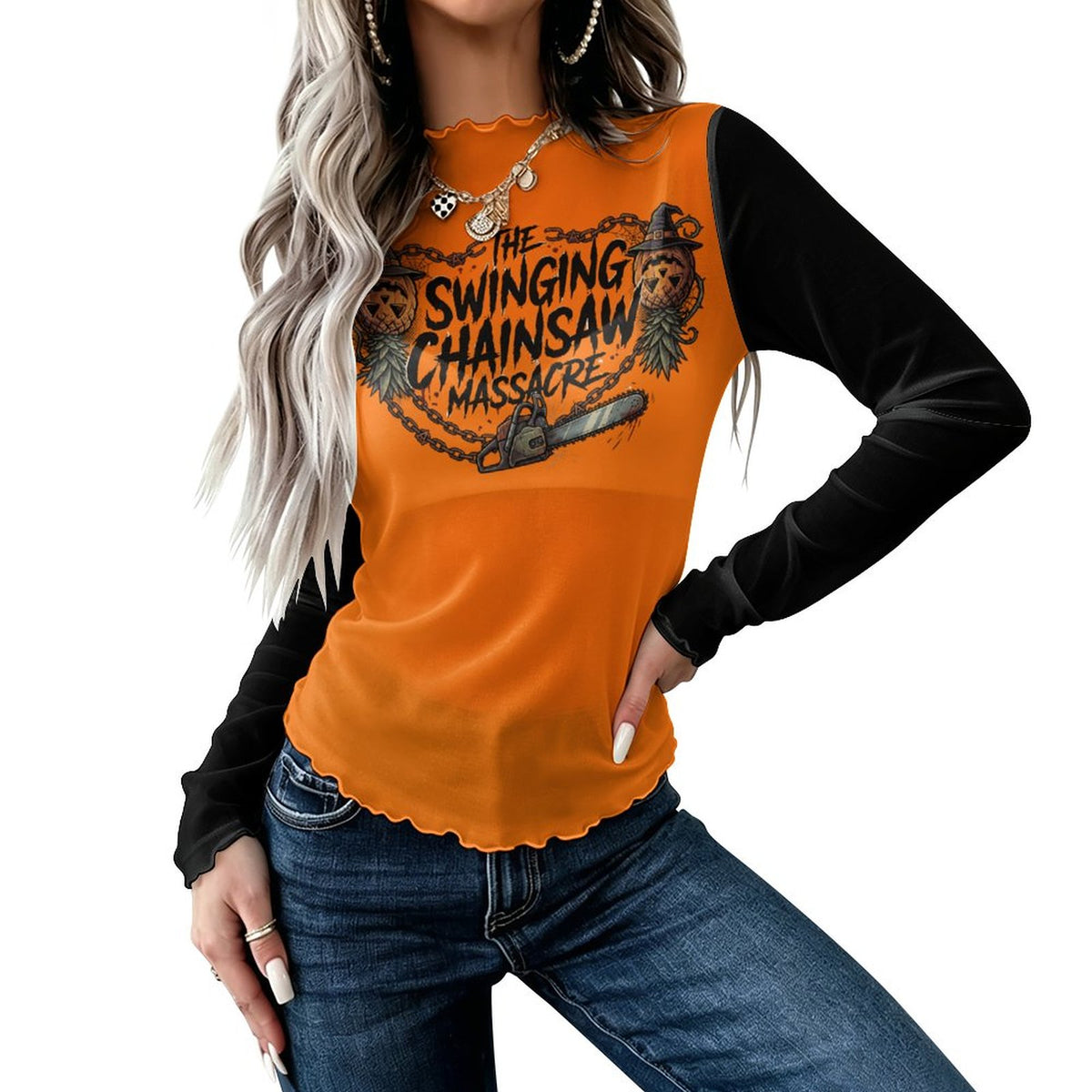 The Swinging Chainsaw Massacre High Neck Mesh Top For Women