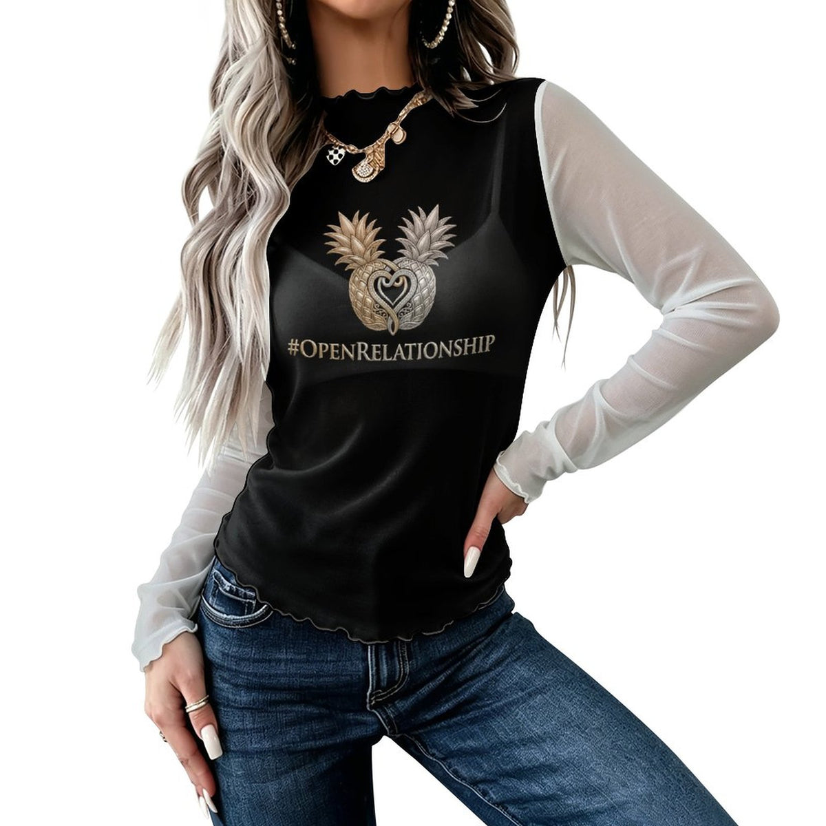 #OPENRELATIONSHIP High Neck Mesh Top For Women
