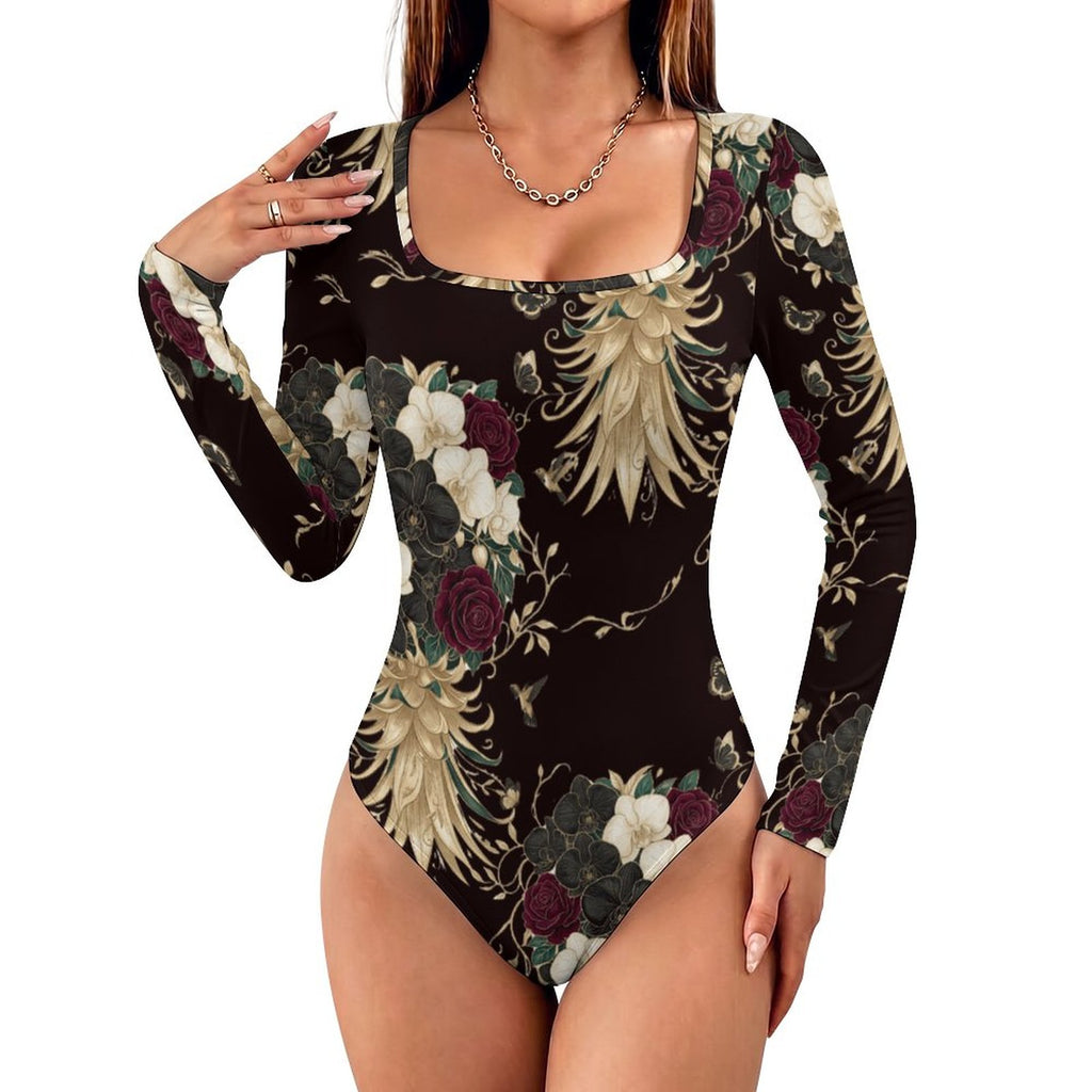 Square Floral Pineapple Long Sleeve Jumpsuit | Women’s Bodysuit