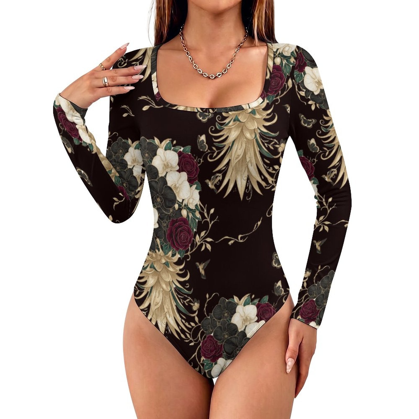 Square Floral Pineapple Long Sleeve Jumpsuit | Women’s Bodysuit