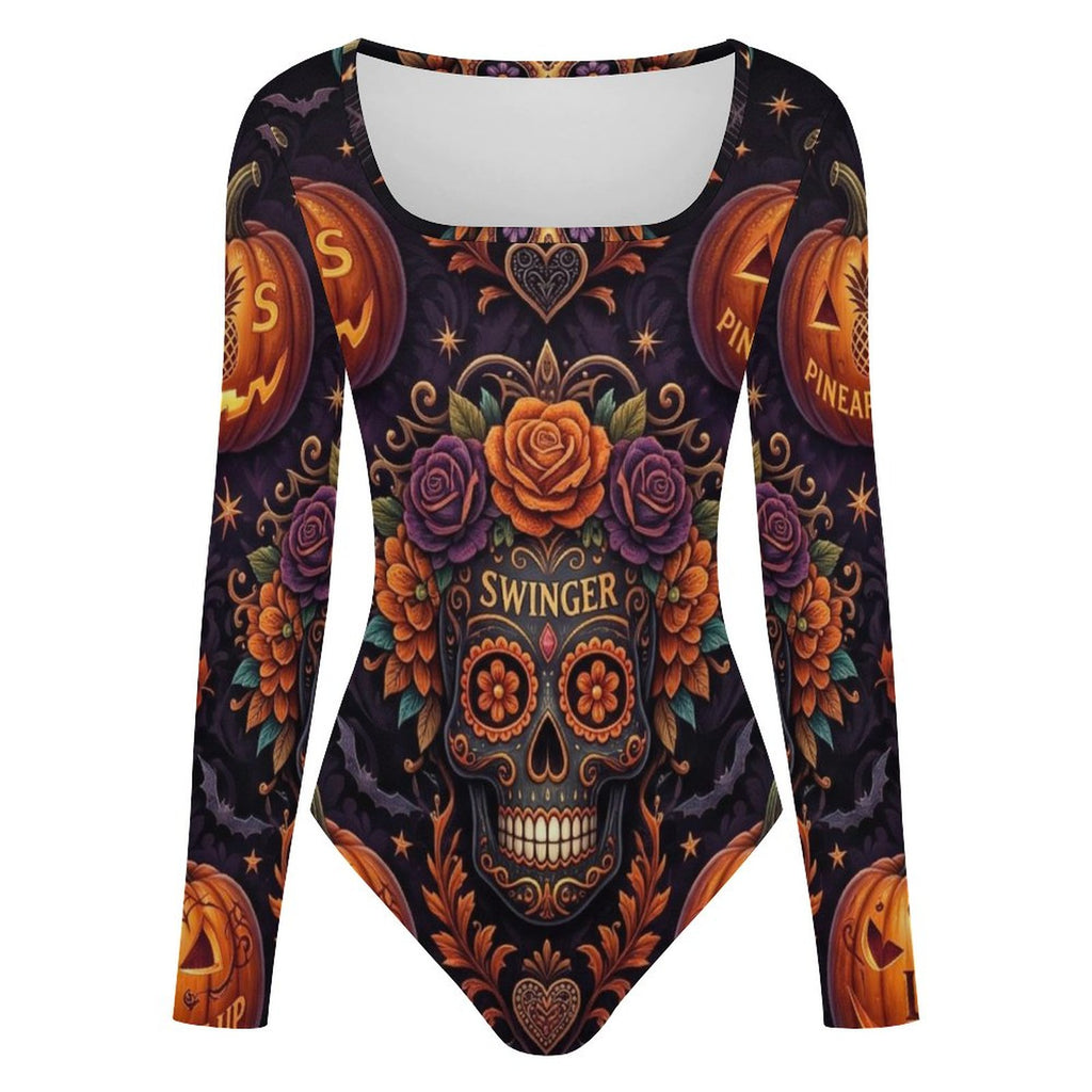 Swinger Halloween Square Neck Long Sleeve Bodysuit Jumpsuit for Women