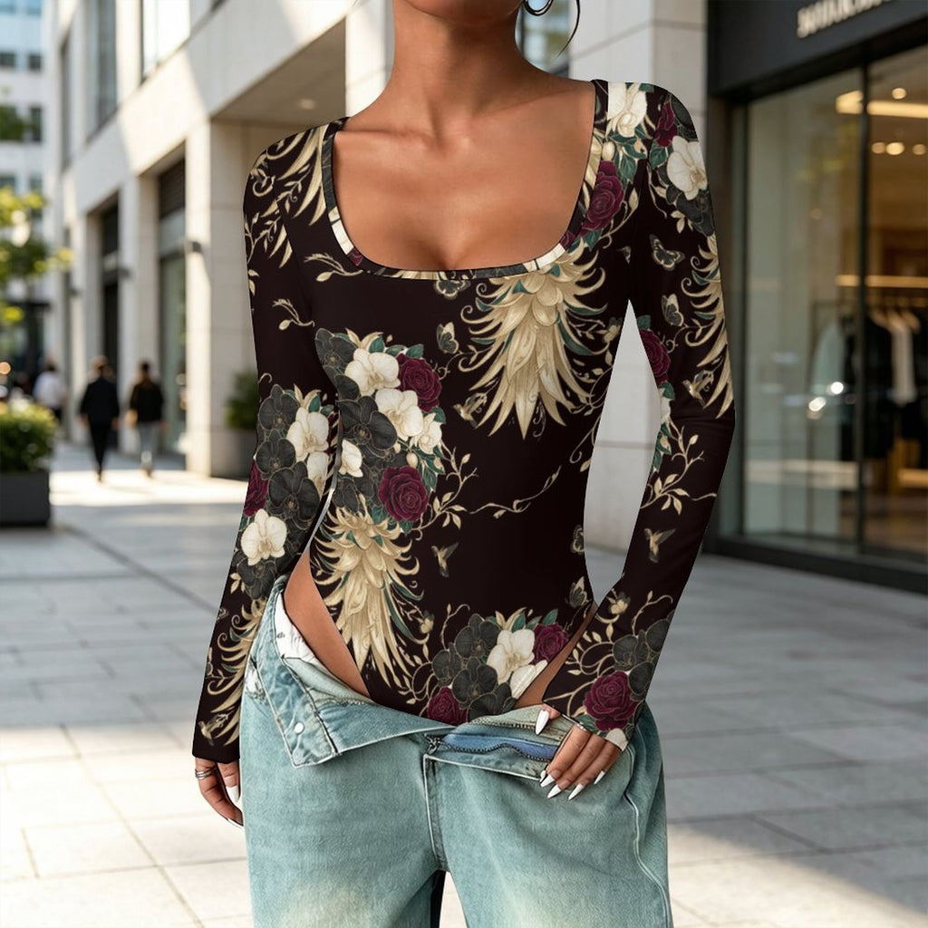Square Floral Pineapple Long Sleeve Jumpsuit | Women’s Bodysuit