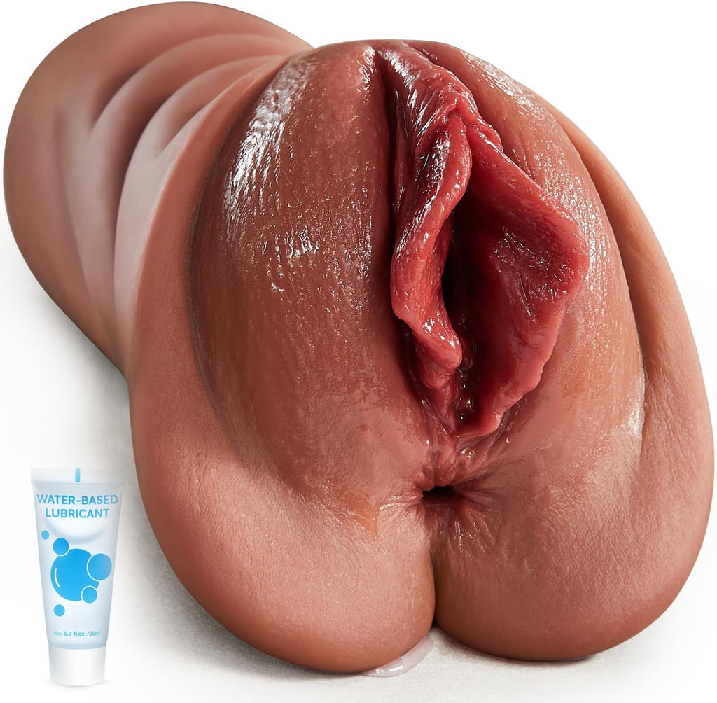 Realistic silicone model of a human vulva with a tube of water-based lubricant on a white background