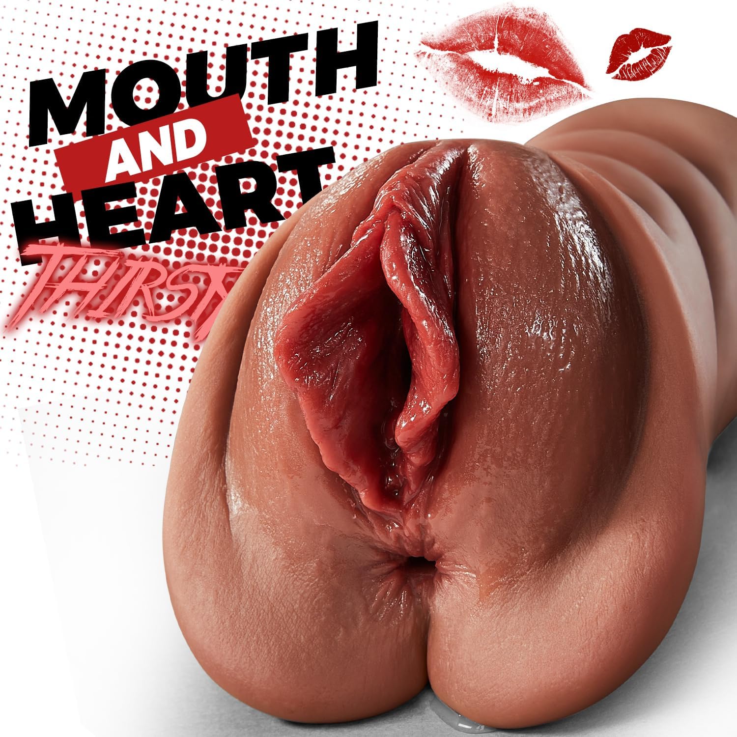 Close-up of a human vulva with 'Mouth and Heart Thirst' text and lipstick prints.