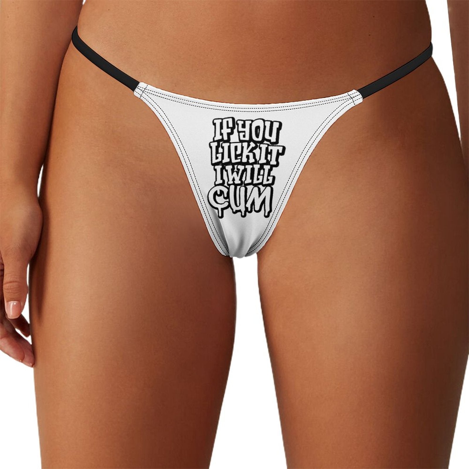 White thong with text on a model against a white background