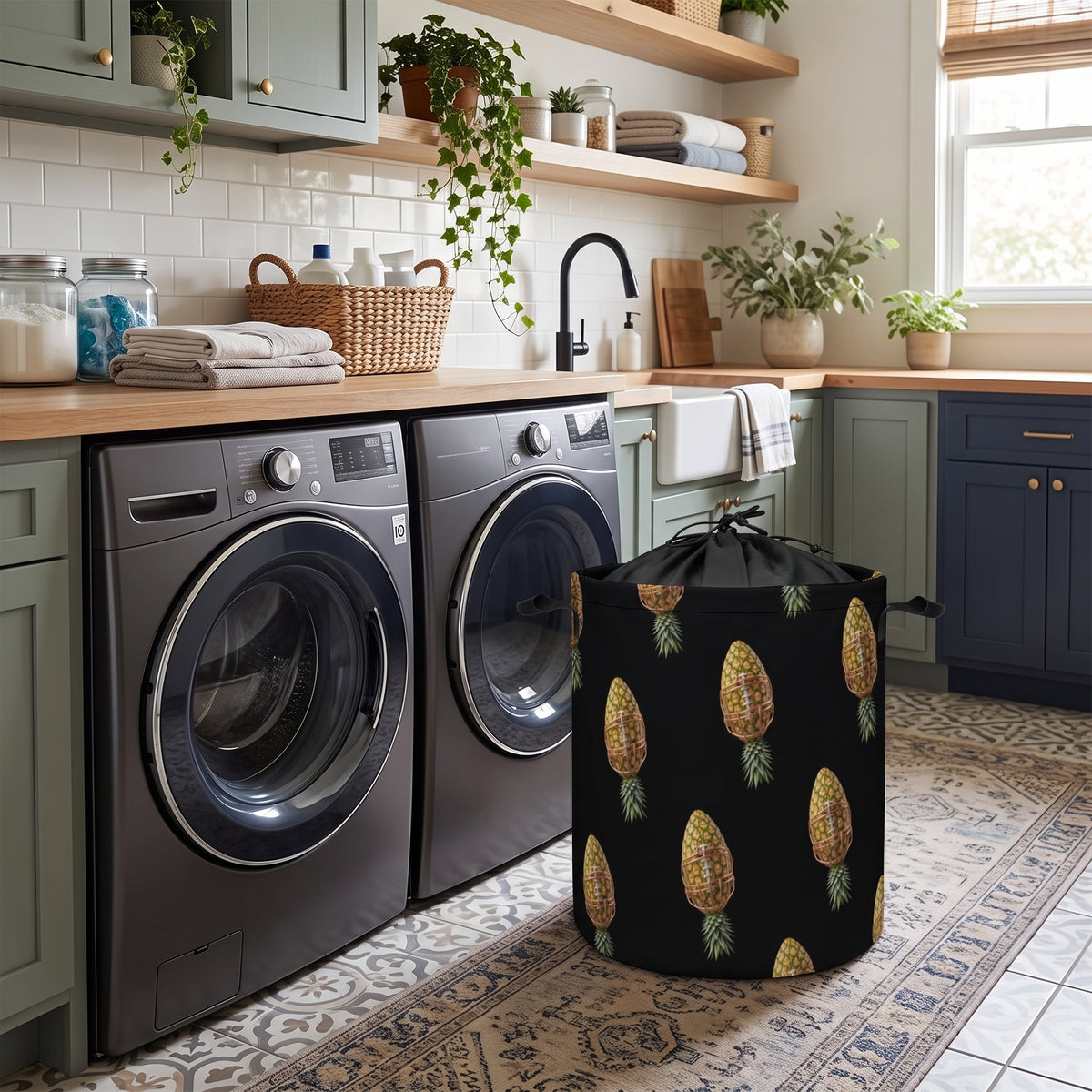 A black fabric laundry hamper with a gold pineapple pattern sits on a patterned rug in a modern laundry room with a washing machine and dryer.