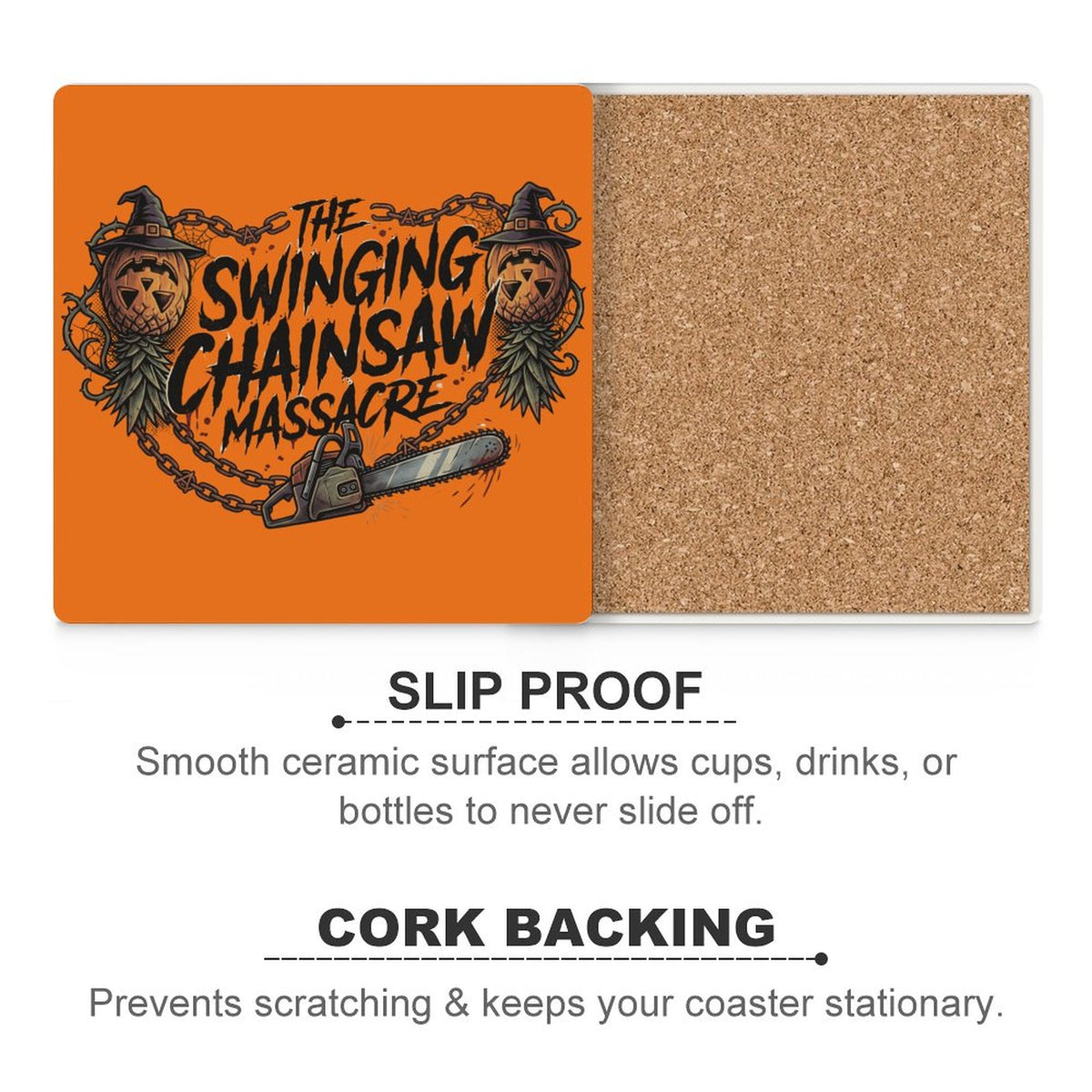 The Swinging Chainsaw Massacre Square Ceramic Coaster | Horror-Themed Cork Back Drink Coaster