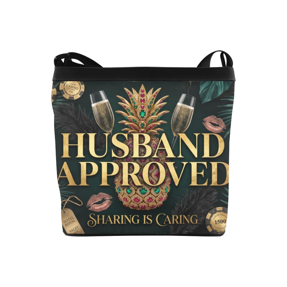Colorful swinger lifestyle inspired tote with Husband Approved on the front of it in front of a diamond encrusted pineapple.
