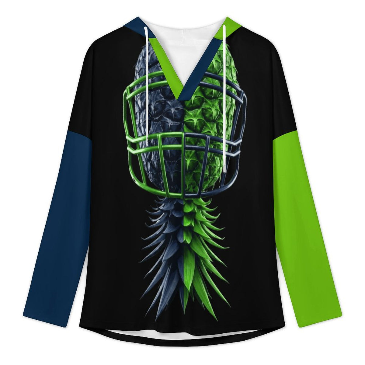 Neon Green & Navy Women's V Neck Long Sleeve Hoodie
