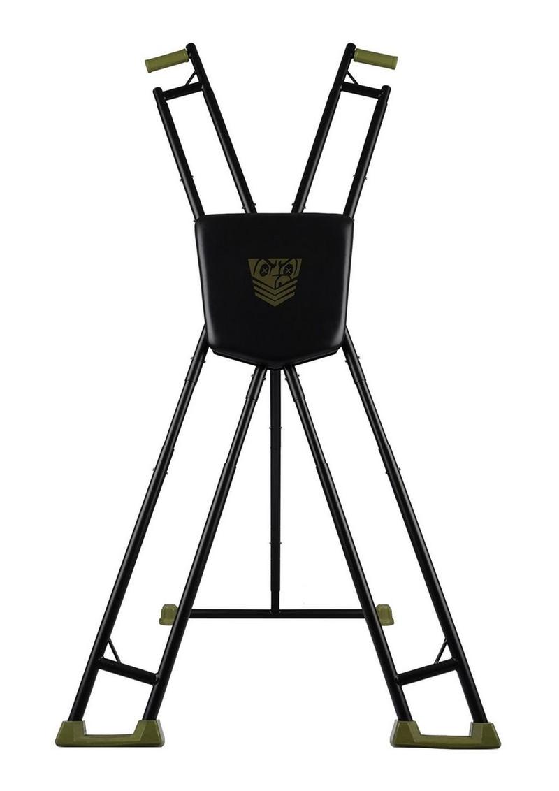 Black hunting stand with a logo on a white background