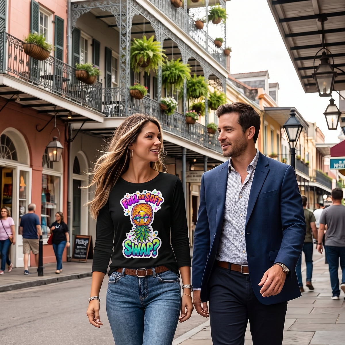 A man and a woman walking down a lively French Quarter street. The woman is wearing a black long-sleeve graphic t-shirt with a colorful cartoon snake design and the words 'HIDESHOW SHAP!' in vibrant colors, paired with blue jeans.