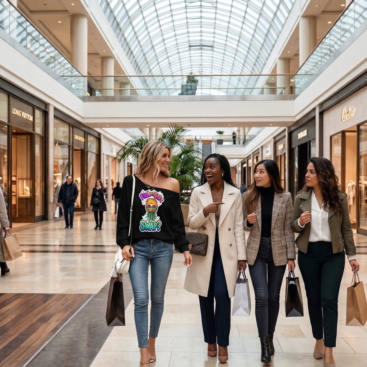 Four women walking and chatting in a modern, upscale shopping mall atrium with a glass domed ceiling. They are dressed in stylish, contemporary fashion, carrying shopping bags.