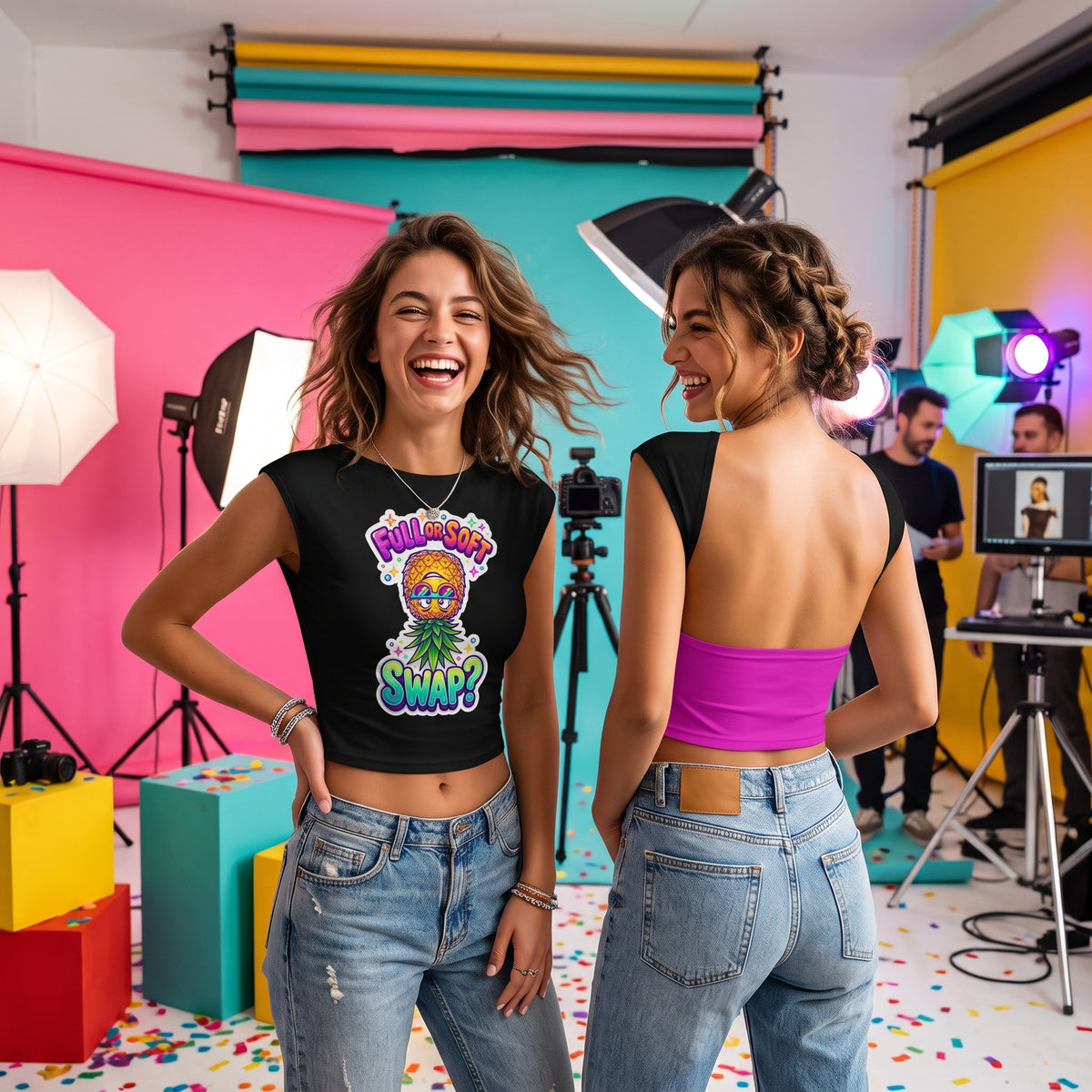 Two women posing in a colorful photo studio setting, showcasing a black graphic crop top and a bright pink backless crop top respectively, paired with light wash jeans.